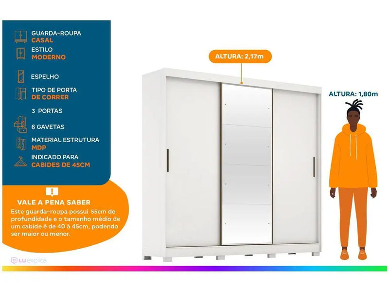 Wardrobe Couple with Mirror 3 Sliding Doors 6 Drawers Demóbile London