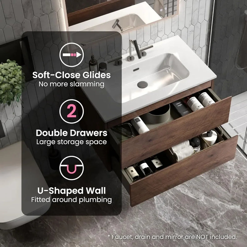 Bathroom Vanity with Sink, Modern Floating Vanity with Double Soft Closing Drawers, Large Storage for Small Space